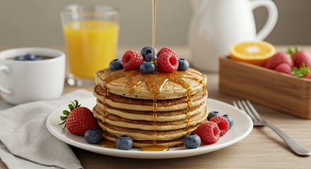 Stack of Pancakes Breakfast Berries Syrup Delicious Food Studio Shot