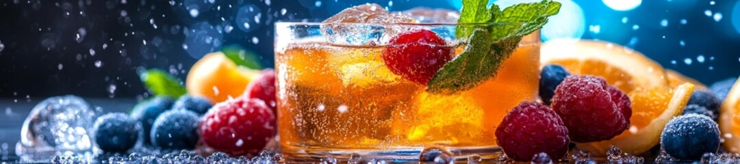A refreshing close-up of a summer cocktail with ice vibrant fruits and a mint garnish captured in an ambient relaxed setting. Generative AI