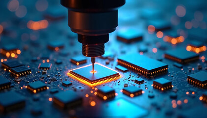A photo of the creation of semiconductors using precise equipment and microchips, signifying the development of electronics and advanced technology.
