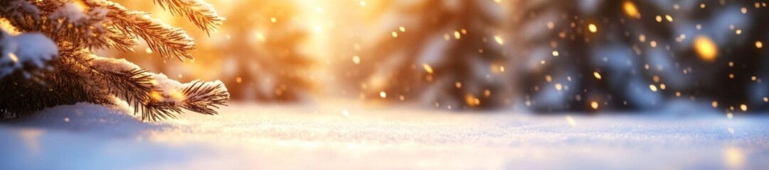 Soft Golden Light on Snowy Trees in a Winter Wonderland. Generative AI