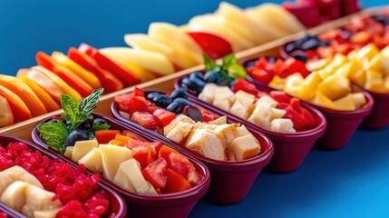 Colorful fruits arranged in small bowls showcase variety and freshness.