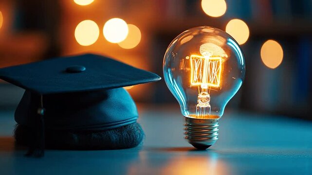 Graduation cap and glowing lightbulb