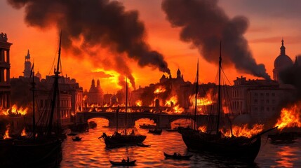 Fototapeta premium Dramatic sunset over a burning cityscape with boats on the river amidst smoke and flames
