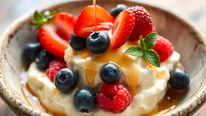 a close-up of a delicious dessert with fresh berries and drizzled syrup. This treat is a perfect combination of sweet and refreshing, making it an ideal dessert option.