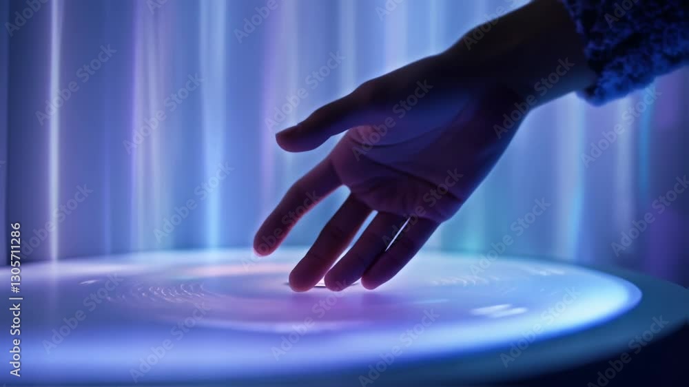 Poster a closeup of a users hand reaching out to manipulate a holographic volume control with the soft glow