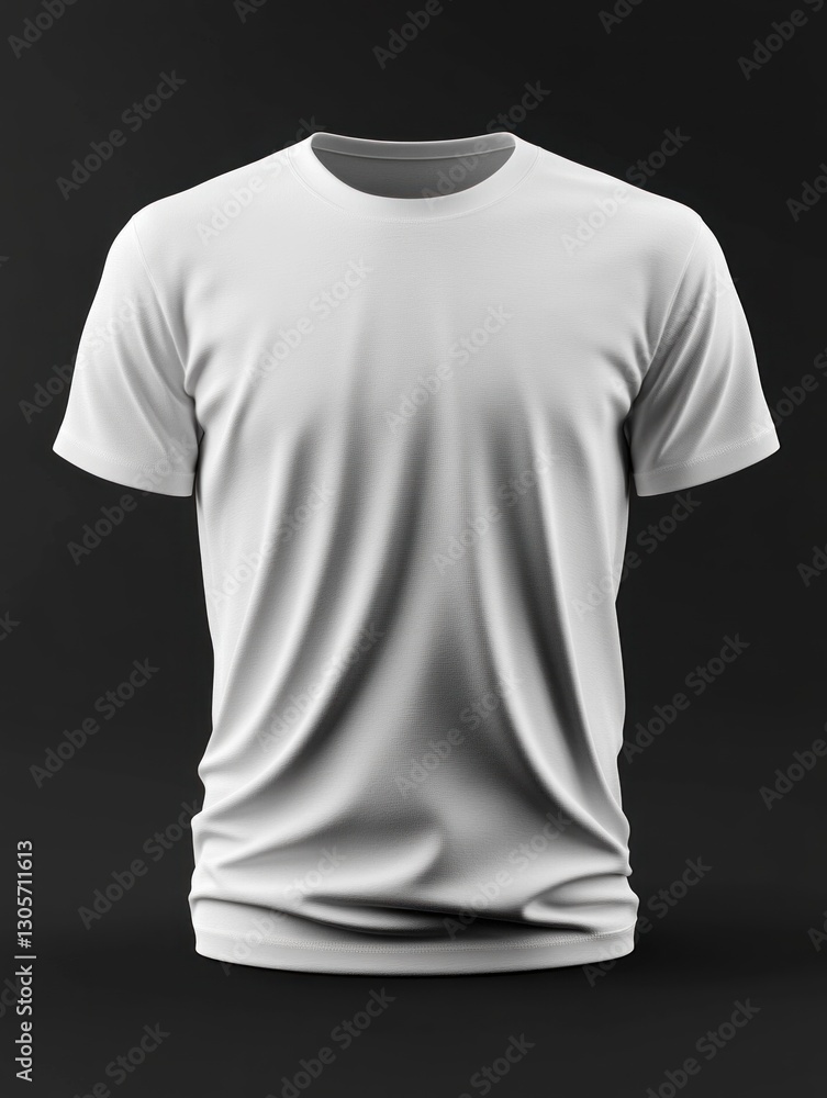 Poster front view presents a plain white t-shirt against a black backdrop, emphasizing its fabric texture a