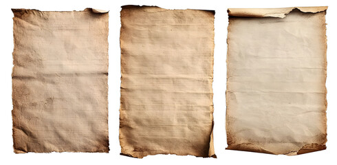 group of Old worn paper sheet isolated on transparent background