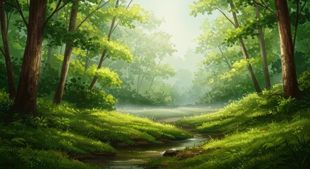 Obraz premium Tranquil sunlit forest stream with lush greenery and serene atmosphere