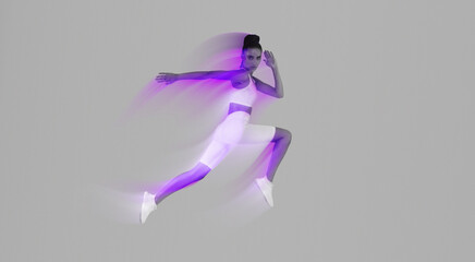 Obraz premium Athletic Woman Jumping Posing In Mid-Air Looking At Camera Exercising Over Pink And Blue Neon Background In Studio. Full Length, Panorama With Empty Space
