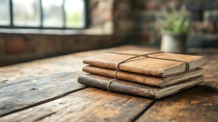 Stack of leather-bound vintage notebooks tied with twine on a rustic wooden surface evoking a sense of nostalgia. Generative AI