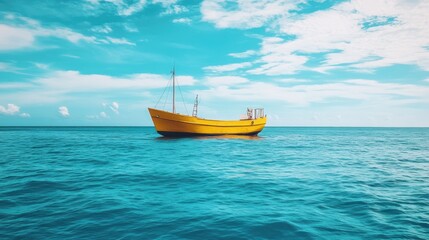 Naklejka premium A yellow boat floats serenely on the vast expanse of the ocean.