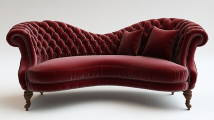 Red velvet chaise lounge with tufted upholstery and wood legs.