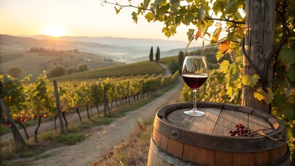 Wine Glass Overlooking a Beautiful Vineyard at Sunset