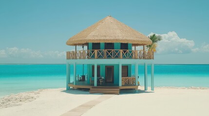 Fototapeta premium A small beach hut features a charming thatched roof by the shore.