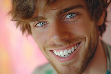 Positive and smiling man in close-up with soft pastel background