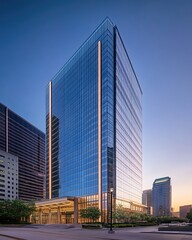 Obraz premium Modern Glass Skyscraper at Dusk in City Center