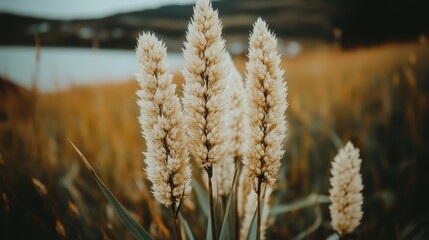 Tall grass sways gently in a vast field under a clear sky.