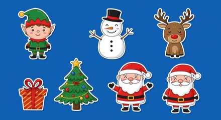 Festive christmas stickers: santa, snowman, elf, reindeer, tree, gift
