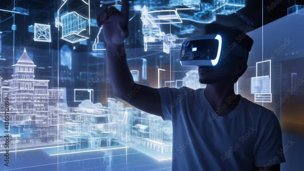 Aufkleber young architect exploring a futuristic 3d city model using virtual reality headset, interacting with