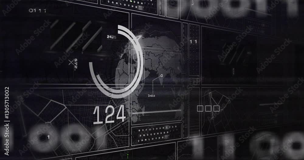 Poster animation of digital interface with world map, data charts, and numbers