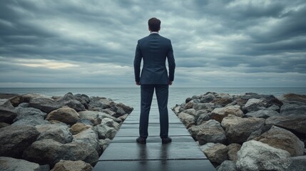 Arafed man in a suit gazes at the ocean from a wooden pier.