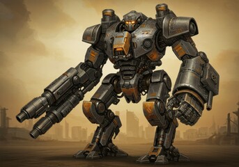 Futuristic armored robot with heavy artillery in urban setting