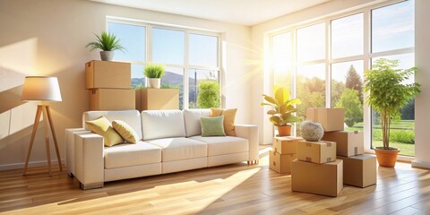 Cozy living room with moving boxes and sunlight streaming through large windows