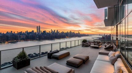 Fototapeta premium Rooftop sunset view showcasing a vibrant city skyline and serene atmosphere.