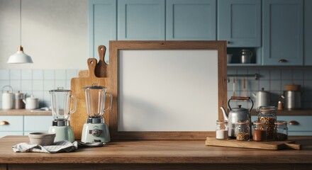 Rustic kitchen scene with blenders, cutting boards, spices, and modern appliances