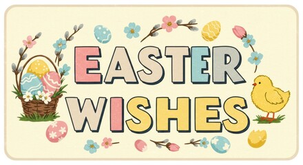 Obraz premium Easter wishes with colorful eggs, flowers, and cute chick illustration
