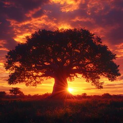 Majestic baobab sunset silhouette, African savanna, fiery sky, nature serenity, poster