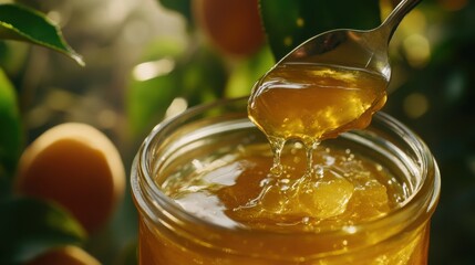 A spoon scooping golden apricot jam from a glass jar, with ripe apricots and green leaves in the background. The thick, glossy texture of the jam reflects the essence of homemade goodness.