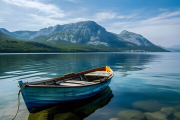 Obraz premium Serene Lake Scene: An idyllic scene of a tranquil lake with a small rowboat, and majestic mountains creating a stunning reflection in the calm water, and a clear blue sky.