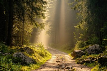 Fototapeta premium On a splendid summer morning, a path meanders through the forest, illuminated by the true sun's rays