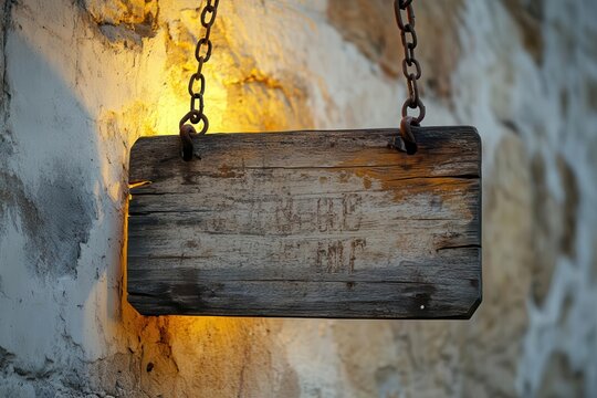 a wooden sign with weathered texture and rustic lettering hanging from antique chains against a whitewashed stone wall creating a vintage farmhouse aesthetic with warm ambient lighting