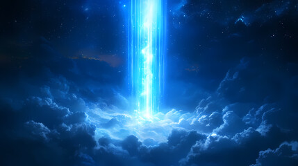 A blue light beam rises from a dark background, with streaks of light radiating outwards, creating a sense of energy and movement. Ethereal - Clouds. Illustration