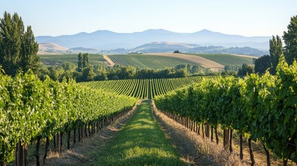 Fototapeta premium Aerial view showcasing neat rows of grape plants in a lush vineyard landscape.