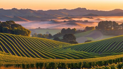Fototapeta premium Aerial view of a foggy vineyard field with a valley in the background.