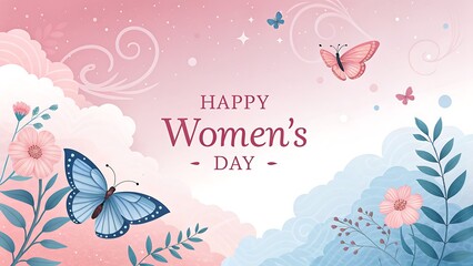 Fototapeta premium dreamy pastel-themed Women’s Day card with delicate butterflies and floral accents.