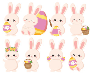 Set of Easter Bunny, Cute Rabbits, Eggs and Flowers. Flat drawing style. Kawaii characters. Vector illustration.