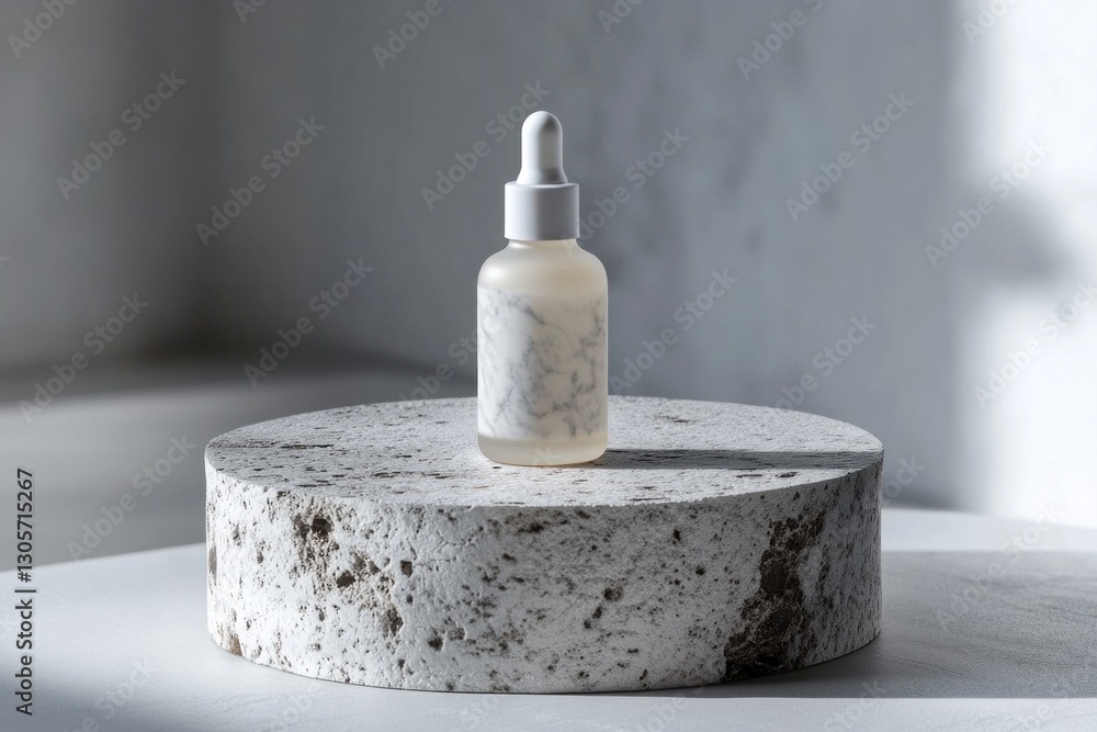 Poster a white facial serum bottle is centered on a textured stone pedestal, illuminated by soft light in a