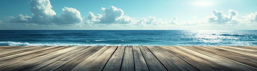 Fototapeta premium Tropical paradise scene featuring crystal clear water and a wooden deck beneath a bright blue sky