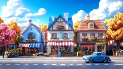 Obraz premium Charming Small Town Street with Colorful Shops and a Vintage Car on a Clear Day. Generative AI
