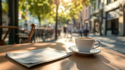 A cup of coffee rests on a table beside a folded newspaper.
