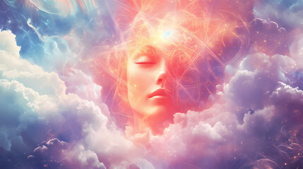 Divine feminine archetype radiating sacred geometry cosmic background ethereal glow spiritual symbolism. Ethereal - Clouds. Illustration
