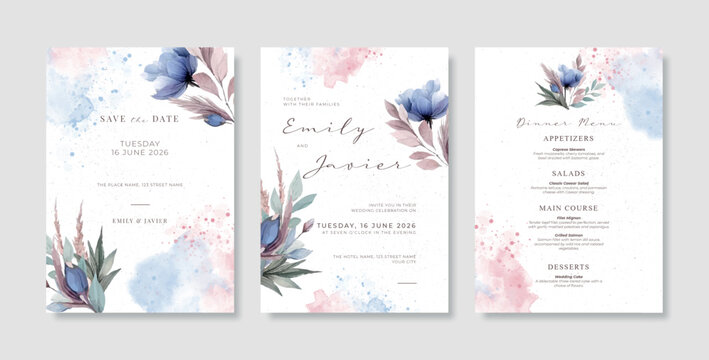 Beautiful watercolor wedding invitation template, Simple and elegant wedding card with floral watercolor