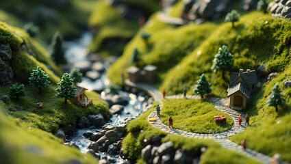 miniature landscape with small buildings, a winding path, and figures. The scene captures a sense of wonder and serenity
