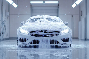 A white car is being foam washed in a well-lit car wash bay. Thick foam covers the vehicle while water drips down