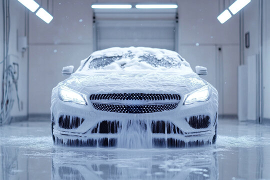A white car is being foam washed in a well-lit car wash bay. Thick foam covers the vehicle while water drips down