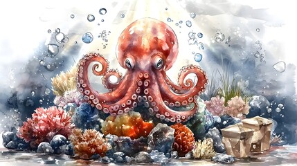 Fototapeta premium Captivating underwater artwork featuring a playful octopus weaving through vibrant coral illuminated by gentle rays of sunlight filtering through the ocean waves in a soft watercolor aesthetic